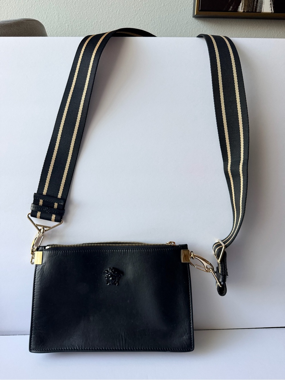 Versace La Medusa Black Leather Crossbody with Striped Webbing Strap